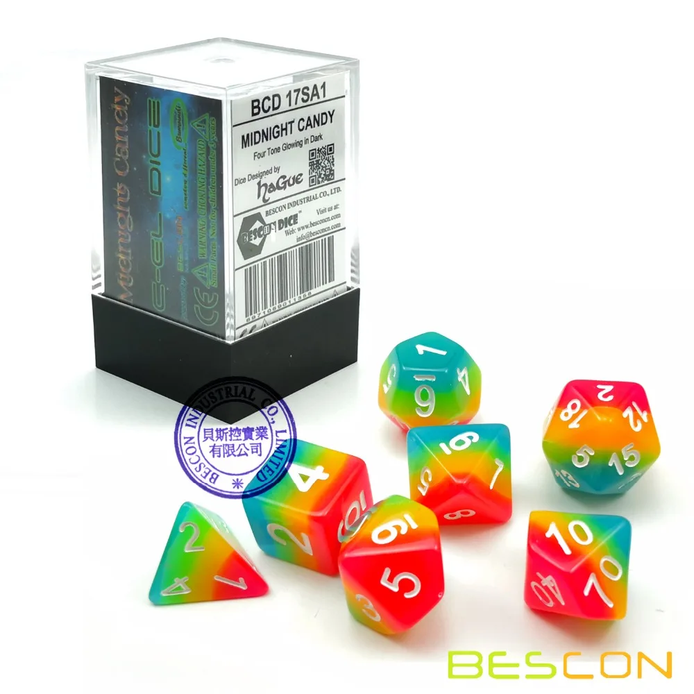 BESCON แฟนตาซีสายรุ้งเรืองแสงลูกเต๋า Polyhedral 7pcs ชุด MIDNIGHT CANDY, Luminous RPG ชุดลูกเต๋าเรืองแสง,novelty DND ลูกเต๋าเกม