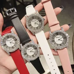 Luxury Brand Jewelry Watches for Women Sparkly Crystals Wristwatch Waterproof Roman Dress Watch Real Leather Montre Femme 2 Size