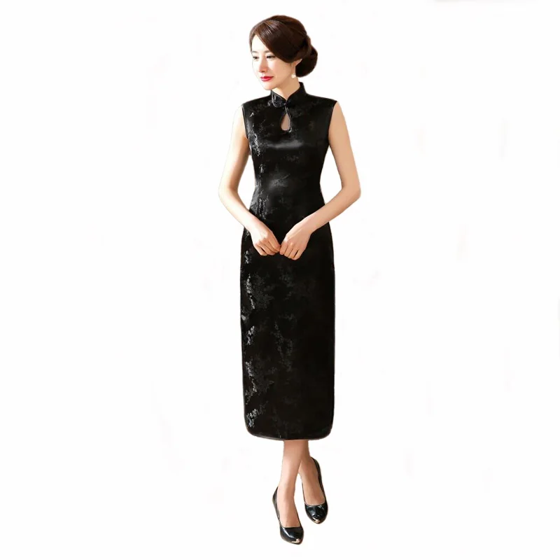 Preto Estilo Chinês Tradicional Vestido Qipao Longo Cheongsam Elegante Fino das Mulheres Roupas Tamanho S M L XL XXL XXXL j3038