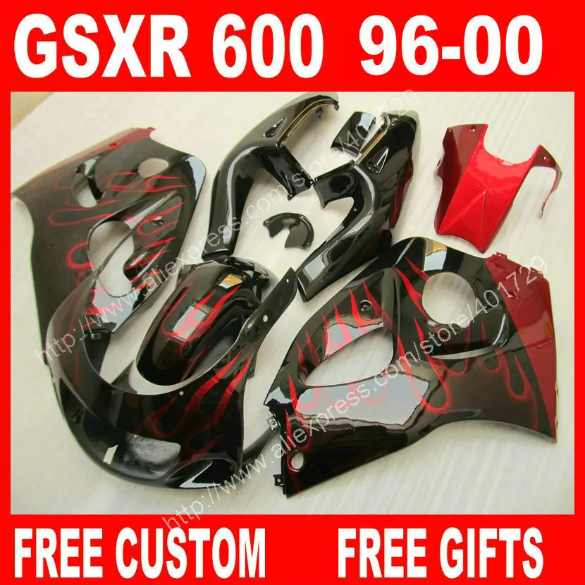 

Fairings for SUZUKI 1996 1997 1998 1999 2000 SRAD GSXR600 GSXR750 hot sale 96-99 GSXR 600 750 black red flames fairing kit GN84