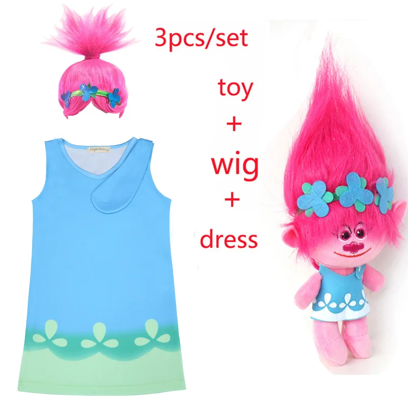 2018 New moana Costume Trolls Dress Wig toy For girls Poppy Lace Dress Baby Girls Moana clothes Children Vaiana Party Vestido