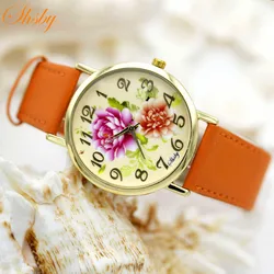 Shsby-relojes de correa de cuero con flores para mujer, reloj de vestir, reloj de cuarzo informal, reloj de pulsera femenino