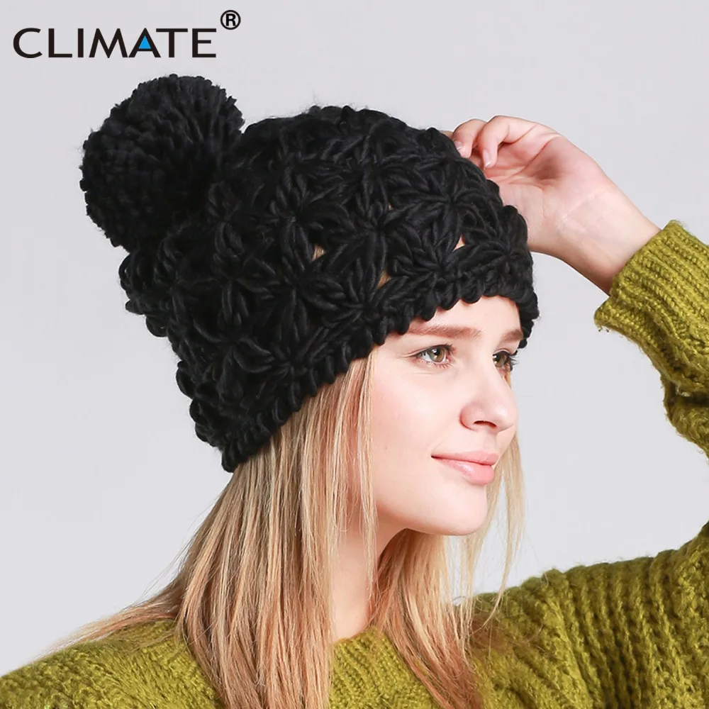 CLIMATE New Women Winter Hat Warm Pompon Beanie Hat Pierced Knitted Hat Beanie Women Nice Pompon Warm Beanie For Women Girls