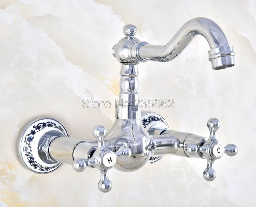 Polished Chrome Brass wall mounted Double Handle Swivel Bathroom Basin Faucet  Vanity Sink Mixer Tap Lnf579