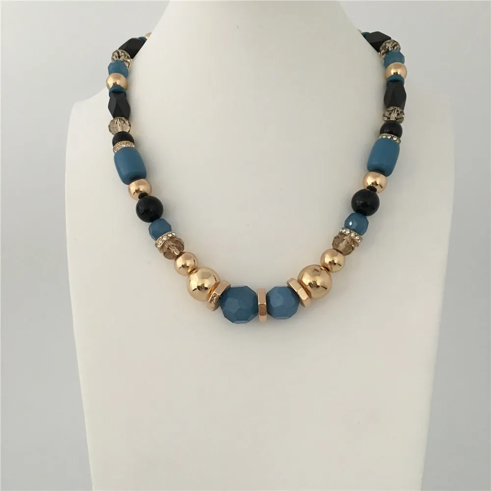 Casual Sweater Necklace Gold Color Plating  Blue Tone Stone Strand Necklace For Women Bohemia Statement Vintage Jewelry