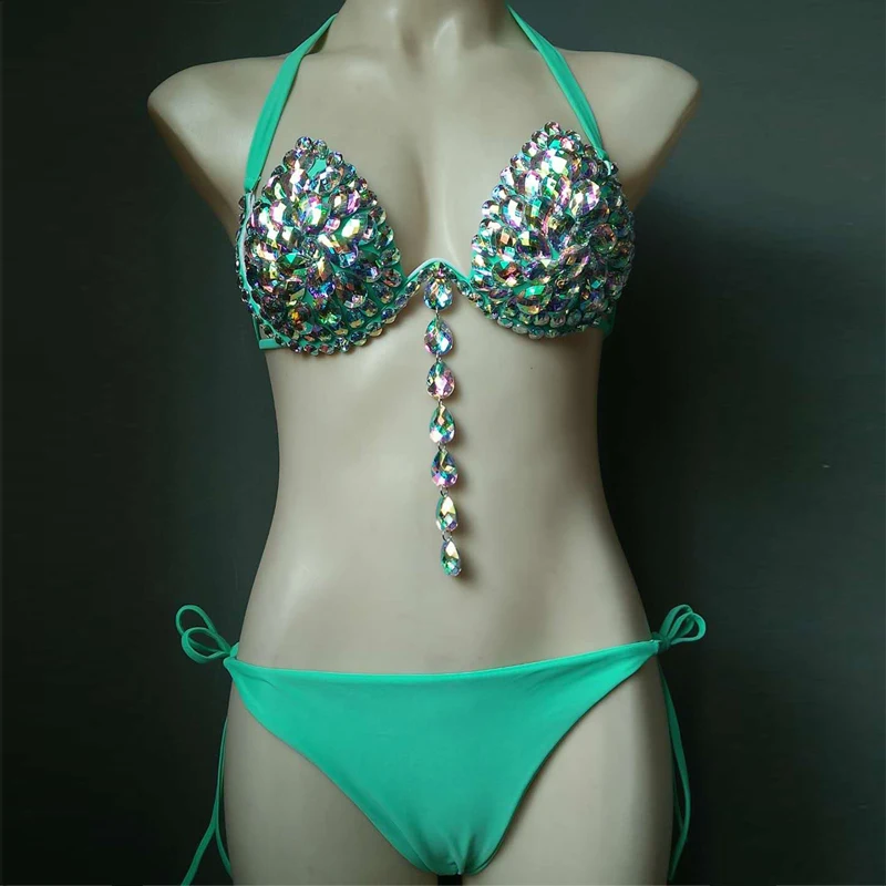 

2021 Summer Swimsuit Women Sexy Two Pieces Bikini Set High Quality Shining Beading Halter Bandage Beach Bathing Suit