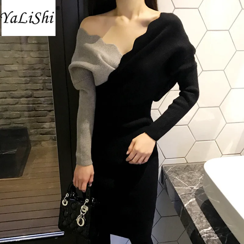 2022ฤดูหนาวเสื้อกันหนาวผู้หญิง V-Neck Patchwork Batwing แขนเสื้อถัก Vintage Bodycon ดินสอ Midi ชุด