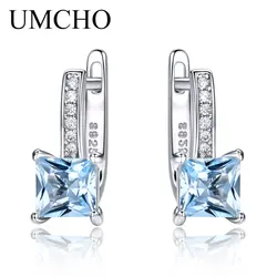 UMCHO Sky Blue Topaz Gemstone Clip Earrings for Women Solid 925 Sterling Silver Trendy Romantic Fashionable Jewelry Gift Wedding