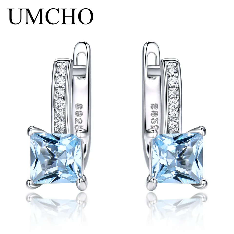 UMCHO Sky niebieski Topaz kamień klipsy dla kobiet solidna 925 Sterling Silver Trendy romantyczny modna biżuteria prezent ślubny
