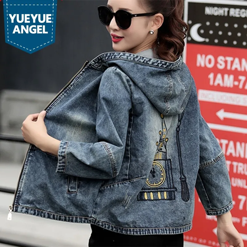 

New Womens Loose Fit Bomber Jacket Hoody Zipper Short Jeans Coat Fashion Floral Embroidery Female Denim Outerwear Chaqueta Mujer