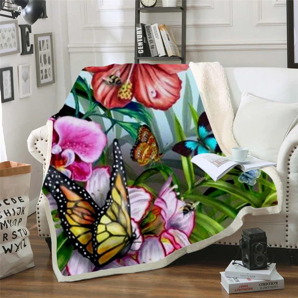 

Plstar Cosmos Colorful butterfly insect Blanket 3D print Sherpa Blanket on Bed Kids Girl Flower Home Textiles Dreamlike style-9