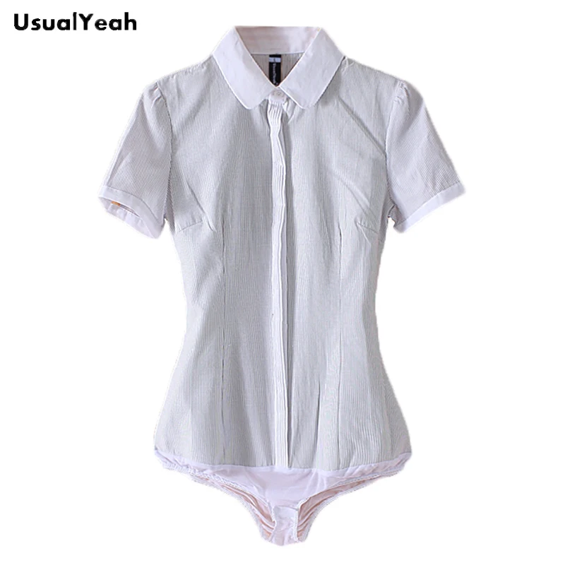 UsualYeah New Women Formal Short sleeve Body Shirt blusas femininas Plus size Office Ladies Turn-down blouses shirts Bodysuit White Striped