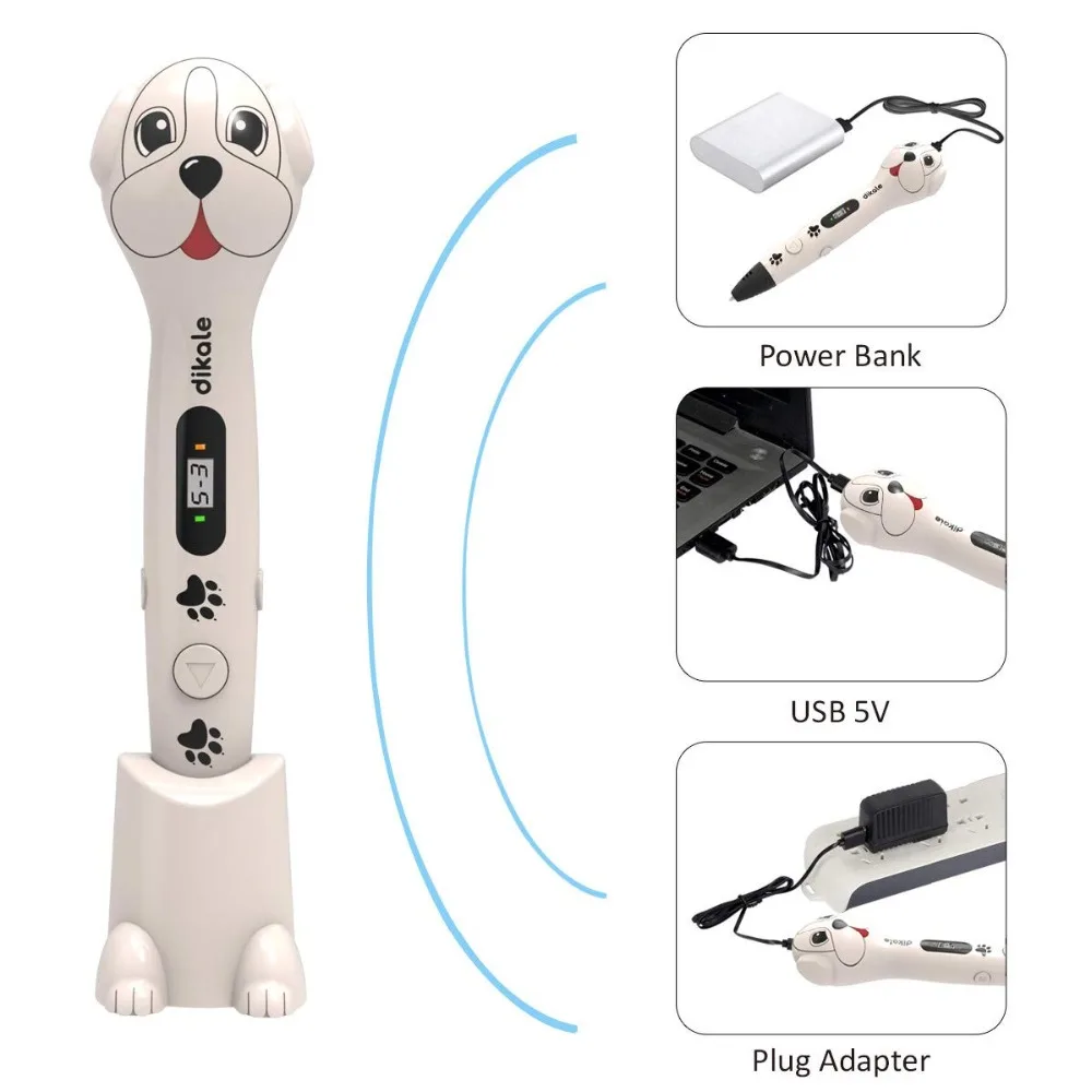 Dikale 3D Printing Pen OLED Screen Cute Dog 3D Pen Printer Pencil Free 3Mx12 Colors PLA Filament Refill DIY Creative Hobbies Toy