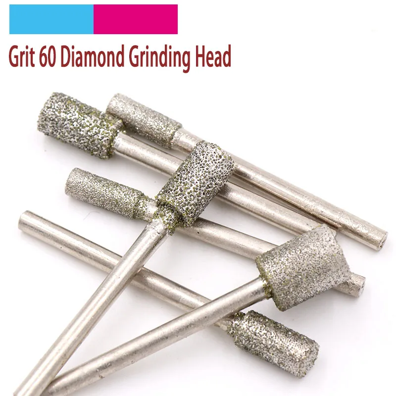 5pcs Grit 60 Cylinder Diamond Grinding Head Bit Cylindrical Points Coated Carving Burrs Lapidary Tools for Jade Stone Marble