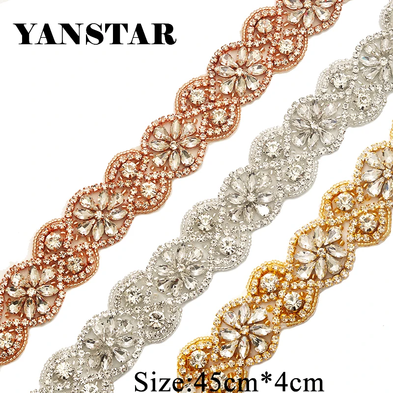 YANSTAR 30PIECE Rhinestones Appliques Wedding Dresses Belt Rose Gold Appliques Beaded Sewing for Bridal Gown Sash YS942