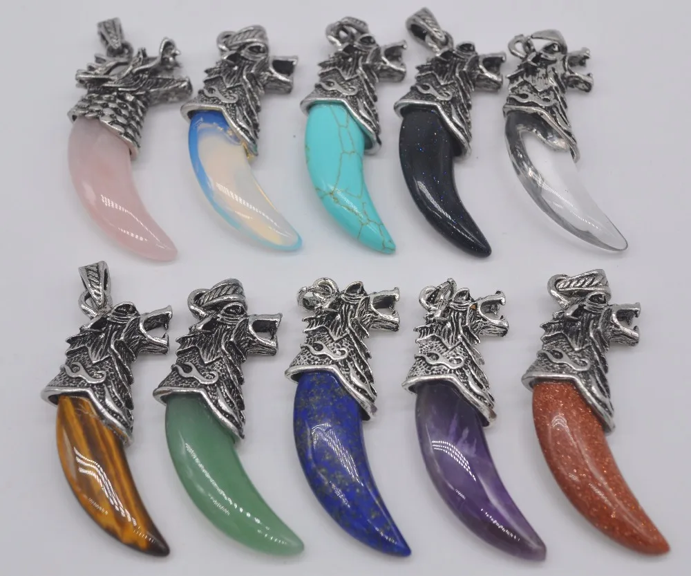 

Mixed Stone Amethyst/Aventurine/Crystal/Sandstone/Turquoise/Lapis/Opal Teeth Pendant Dragon Fashion Jewelry For Woman Gift 10PCS