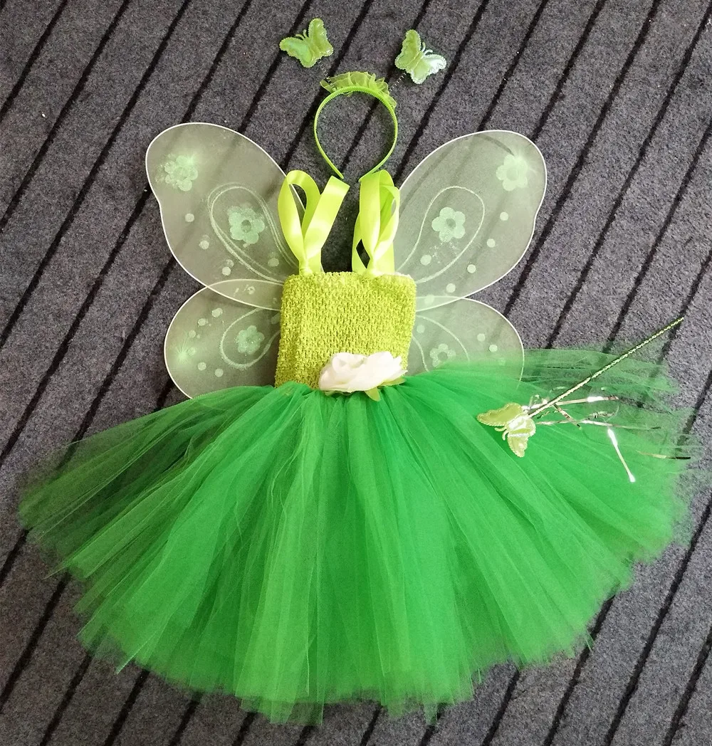 Girls Green Fairy Flower Tutu Dress Kids Fluffy 2Layer Tulle Tutus with Butterfly Wing Headband Set Children Cosplay Party Dress