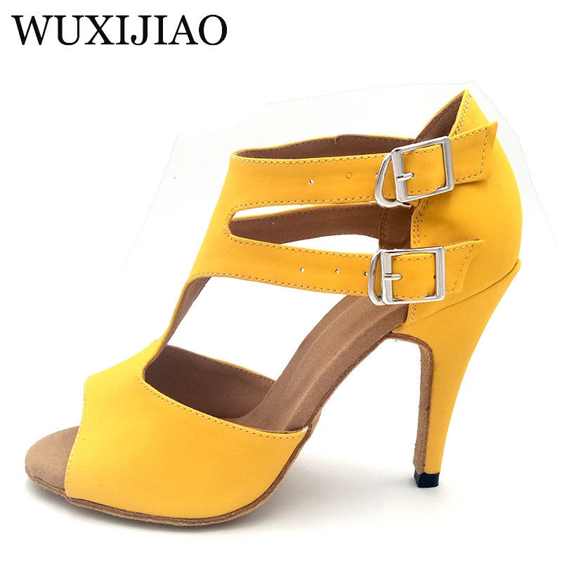 WUXIJIAO Yellow Flannel Soft Bottom Latin Dance Shoes Tango Samba Salsa Dance Shoes Lady Heels 6cm-10cm