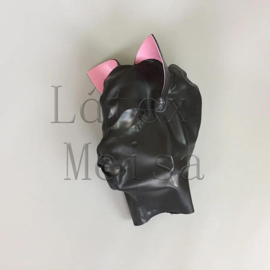 

Novelty animal cat design Zental latex hoods with pink ears and open eyes nostrils and mouth with back zip for women