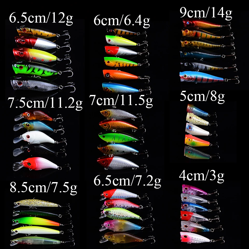 

Artificial Baits 48pcs Mixed 19 Different Models Popper Minnow VIB Fishing Lures Set Bass Crankbait Fishing Tackle 3D Eyes