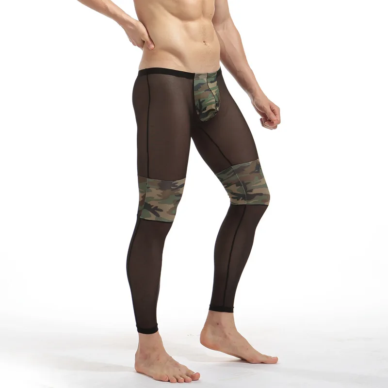 Malha transparente sexy masculina Long Johns, roupa interior térmica de camuflagem, poliéster e spandex joggers, leggings masculinas, calças de dormir