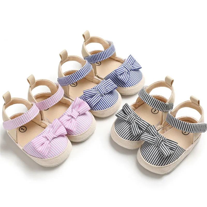 Newborn Baby Sandals Summer Toddler Girl Princess Canvas Soft Crib Shoes Bowknot Striped Shoes Prewalker Sneaker 0-18Months