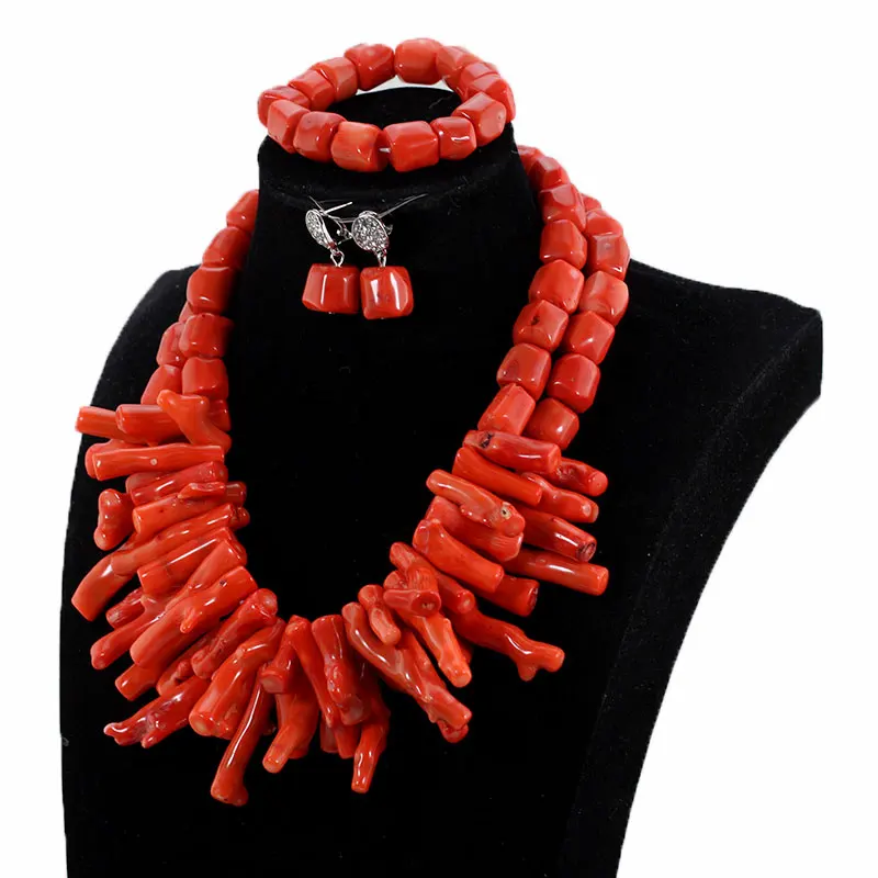 Real Coral Beads Green Chunky Beads Statement Necklace Set African Nigerian Wedding Coral Beads Jewelry Set Baroque Style ABH787