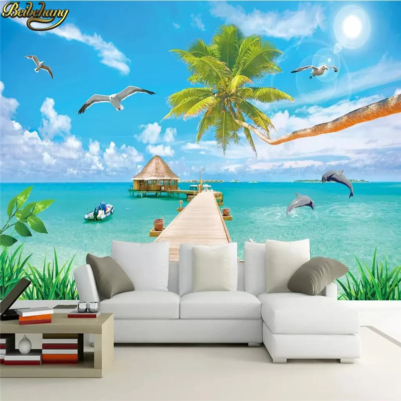 

beibehang Custom Coconut tree bridge landscape painting wall paper Mediterranean photo wallpaper for living room TV background