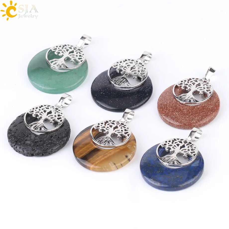 CSJA Natural Stone Tree of Life Charm Pendant Round Hollow Donut Reiki Silver Color Pendants Necklace for Women Men Jewelry F951