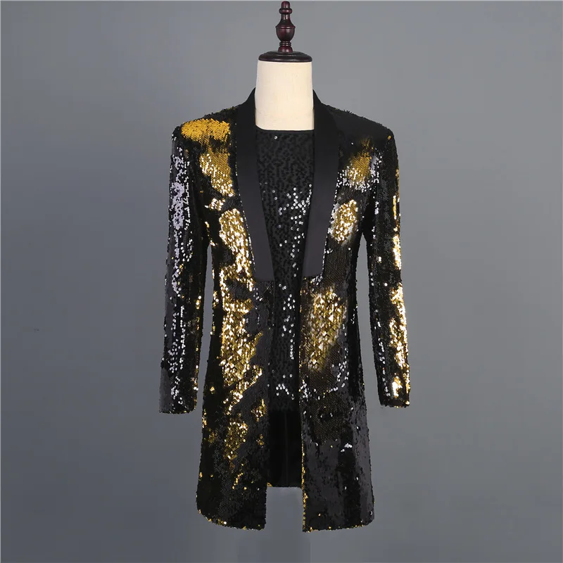 Plus Size S-3XL Men Golden Black Sequins Mid-length Blazer Flipping Sequin Long Coat Bar Nightclub DJ Singer Host Stage Costume