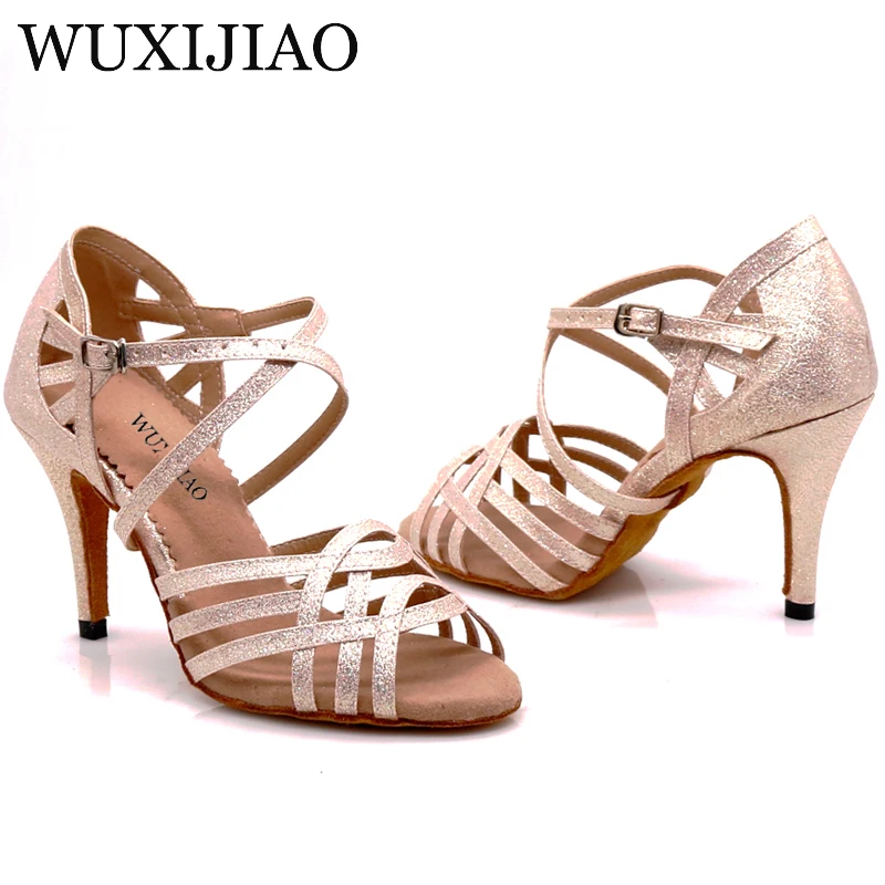 WUXIJIAO Women Party Dance Shoes  Satin Shining rhinestones Soft Bottom Latin Dance Shoes Woman Salsa Dance Shoes heel5CM-10CM