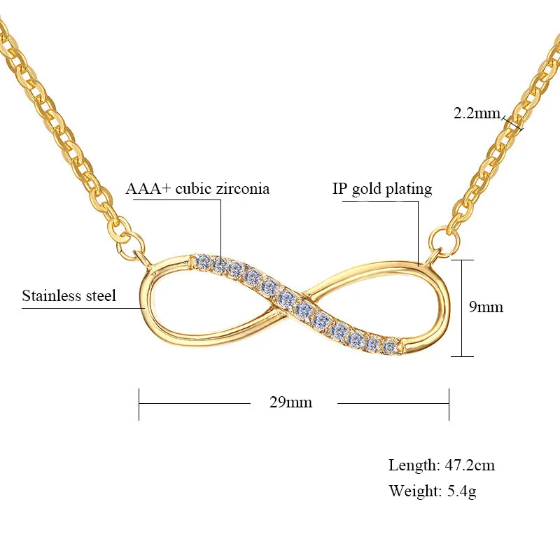 Ladies Fashion Gold-Color Stainless Steel Chain Infinity Pendant Necklace AAA+ Cubic Zirconia Pave Women Collar Necklace