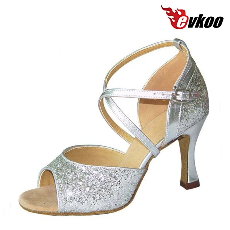 Evkoodance Salsa Shoes Women 7cm Heel Height Comfortable Golden And Sliver PU Dance Latin Shoes customized Ladies sho Evkoo-014