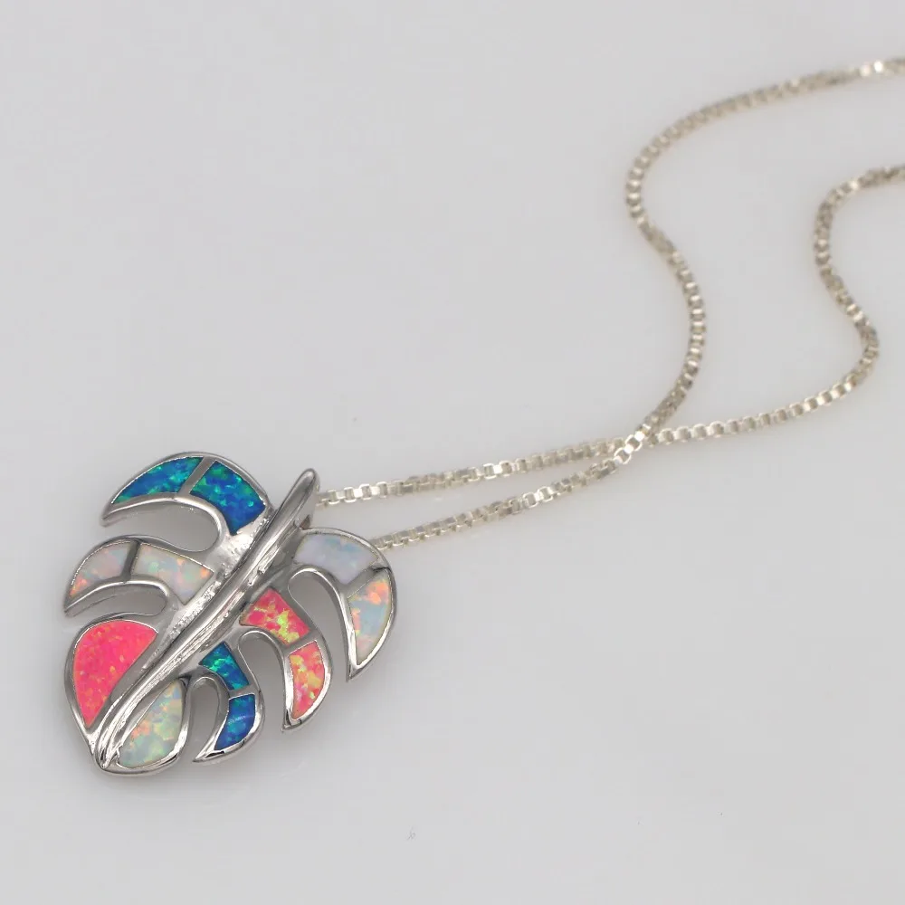 JLP-1380 قلادة على شكل أوراق أوبال ملونة - الروديوم فوق سلسلة نحاسية مع سحر D، مجوهرات عصرية 50 سم قابلة للتعديل