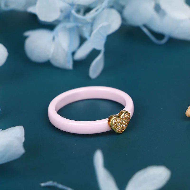 Healthy Pink Ceramic Rings With Lovely Gold Heart CZ Crystal 3mm Width Smooth Ceramic Rings anillos mujer Women Jewelry Hot Sale