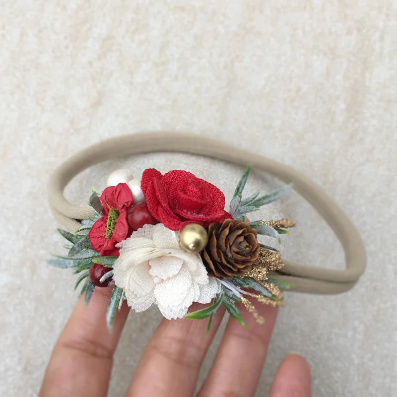 Christmas Red Ivory Flower Skinny Headband