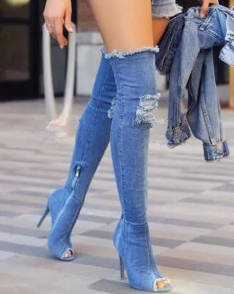 

2017 Spring new arrivals hot selling stylish distressed thigh high stiletto denim boots peep toe holes jeans over the knee boots