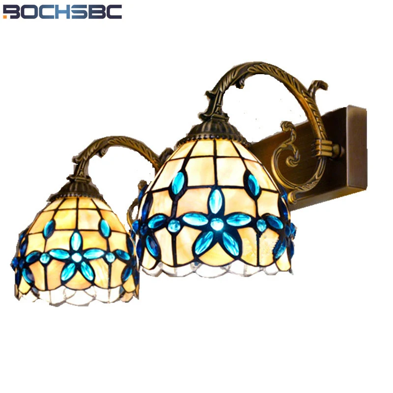 BOCHSBC Blue Lilac Shell Wall Lamps with Double Heads Three Heads European Lights Natural Shell LED Lamp Applique Murale Lampara