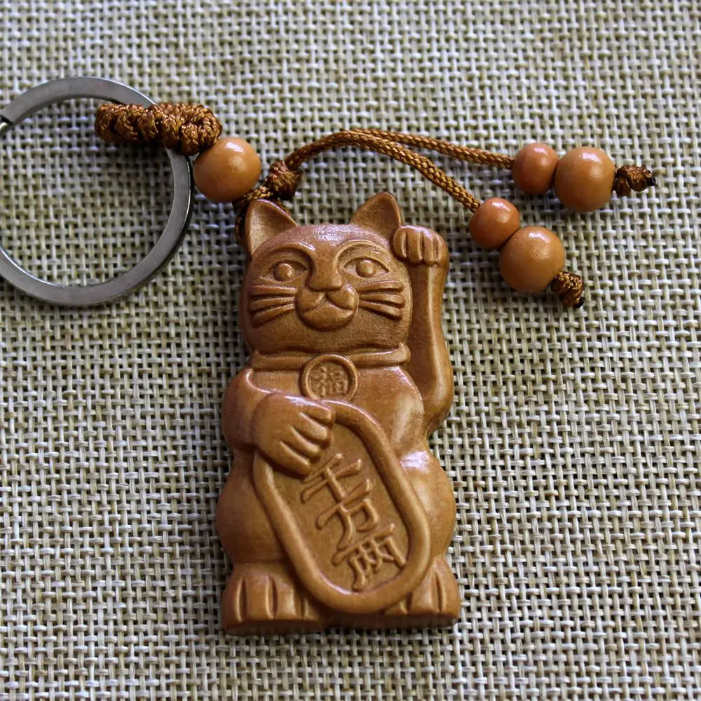 Lucky Fortune Cat Carving Wooden Pendant Keychain Key Ring Chain Wood Carving Ornaments Jewelry Accessories Gifts 2022