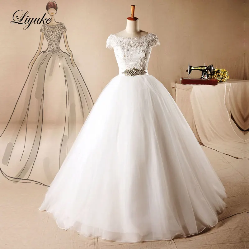 Liyuke Gorgeous Applique Tulle A Line Wedding Dress With Lace Up Applique Floor Length Train Vestido De Noiva