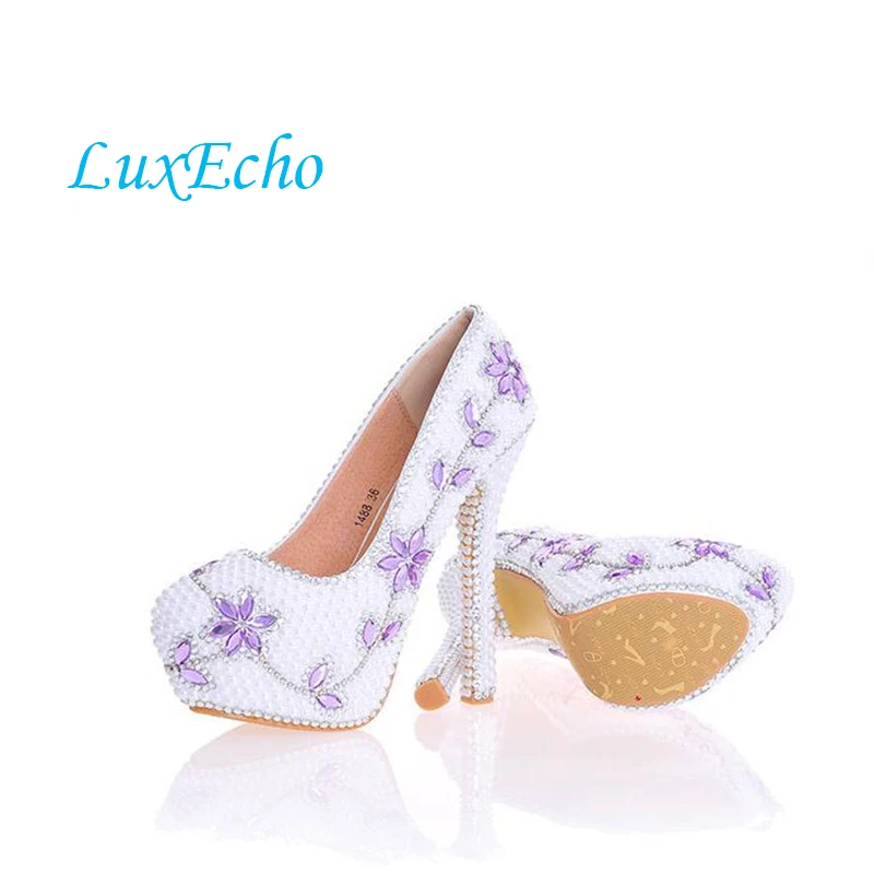 LuxEcho Women white pearl Lavender stone wedding shoes Bride fashion shoes woman High heels Platform shoes real leather insole