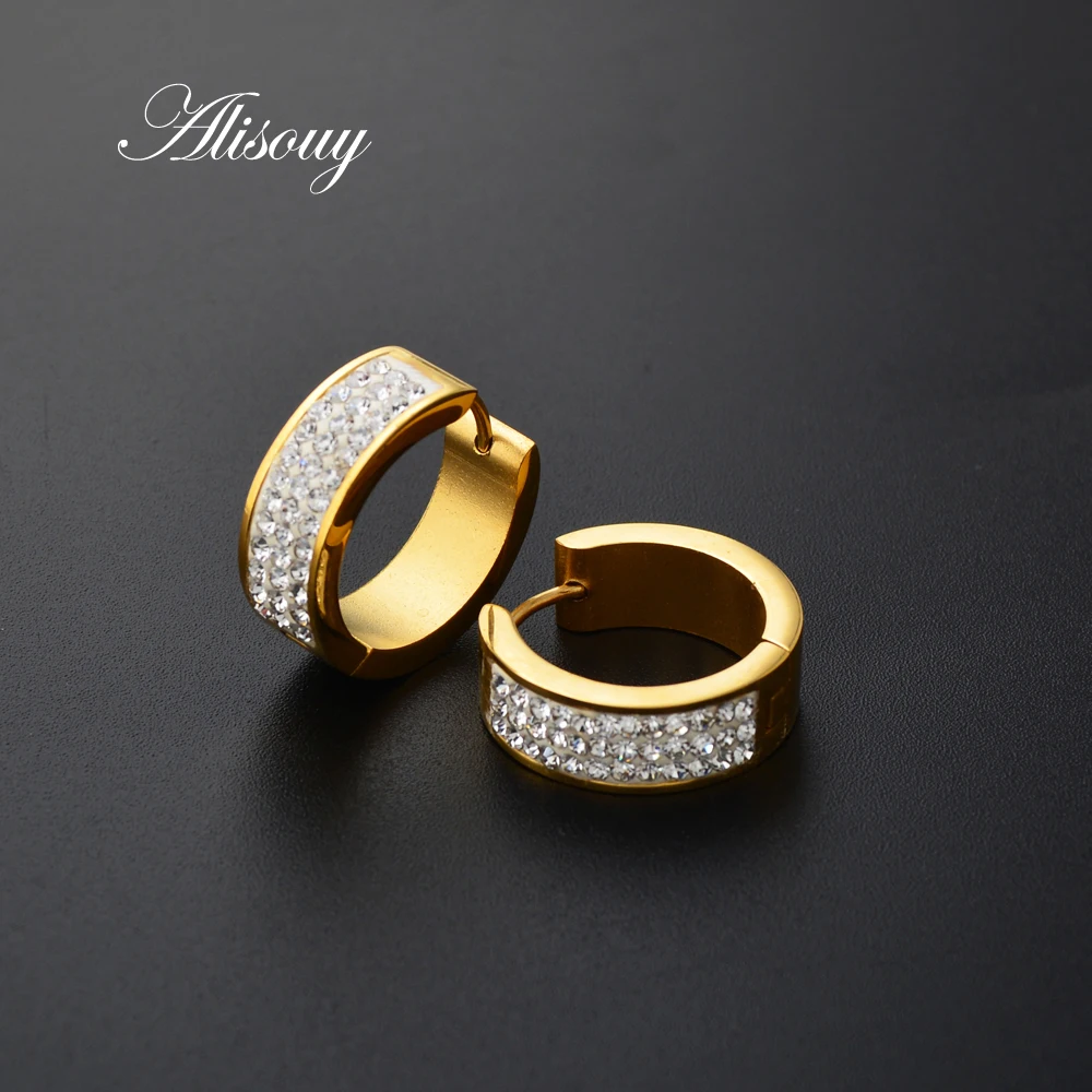 Alisouy 1 Pair Punk Men Women Stainless Steel Hoop Earrings With Crystal CZ Gold color Round Hoop Huggie Earrings 6*7 6*9 6*16