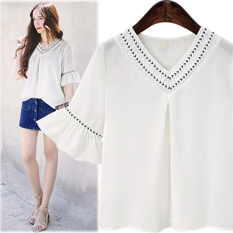 [EL BARCO] Cotton Linen Chiffon Blouse Shirts Women Summer V-Neck Short Flare-Sleeve White Female Casual Tops Blusa Plus Size