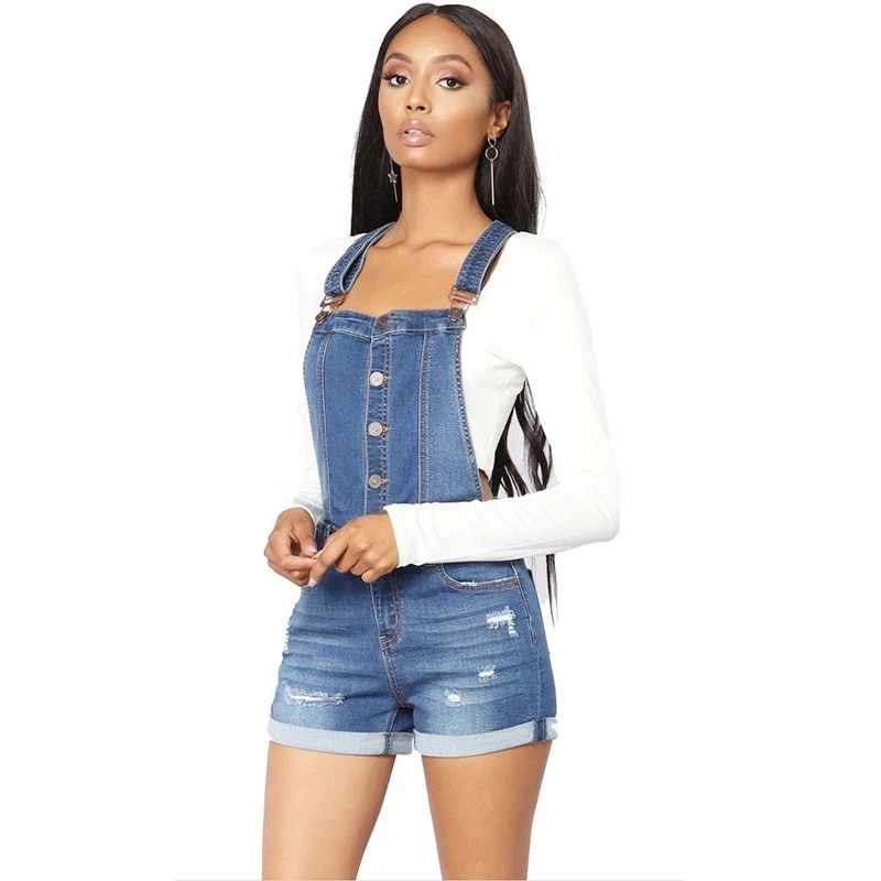 Short Denim Overalls Women Hole  Jumpsuit High Waist Casual Jeans Playsuit Washed Salopette Straps 2019 Summer  Romper