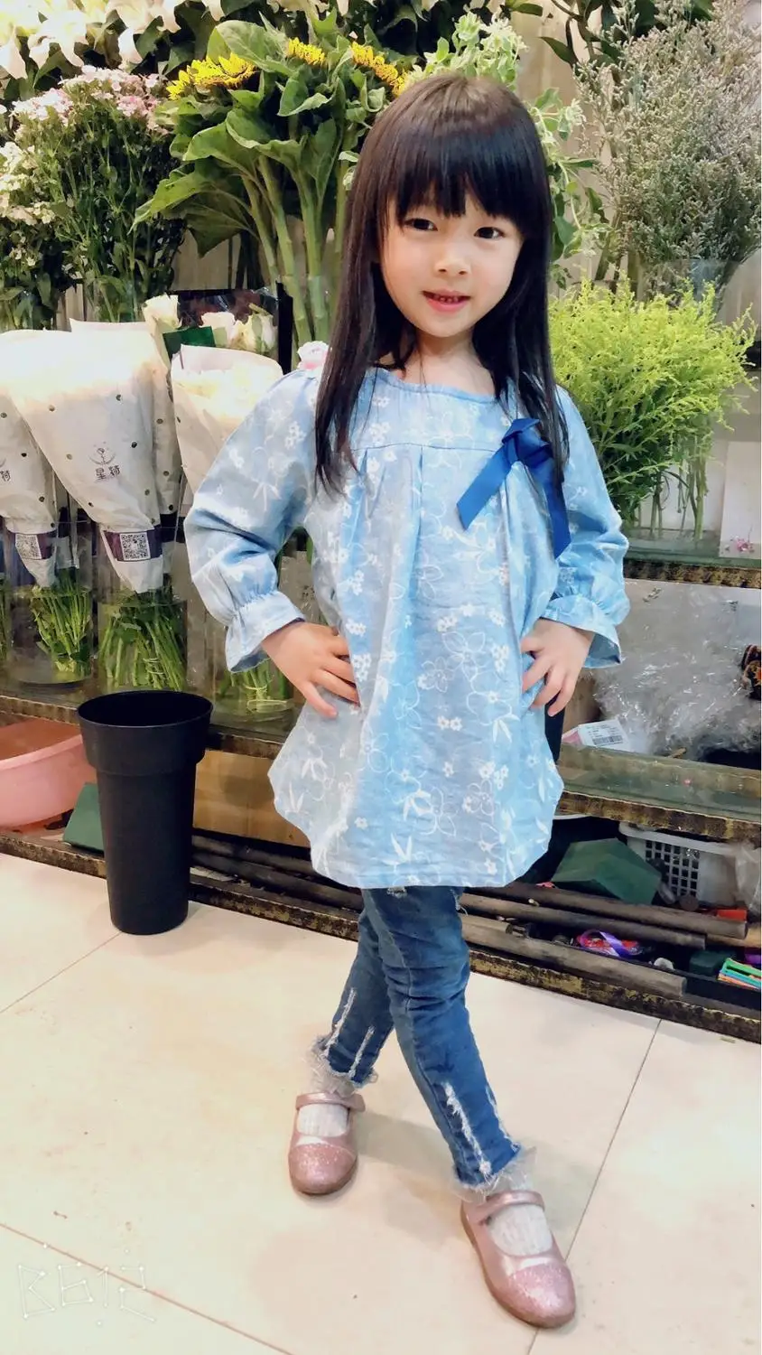 Spring Autumn 2 3 4 6 8 10 Years Child Birthday Gift Long Sleeve Flower Print Blue Colour Bow Cute Kids Girls Blouse Shirt