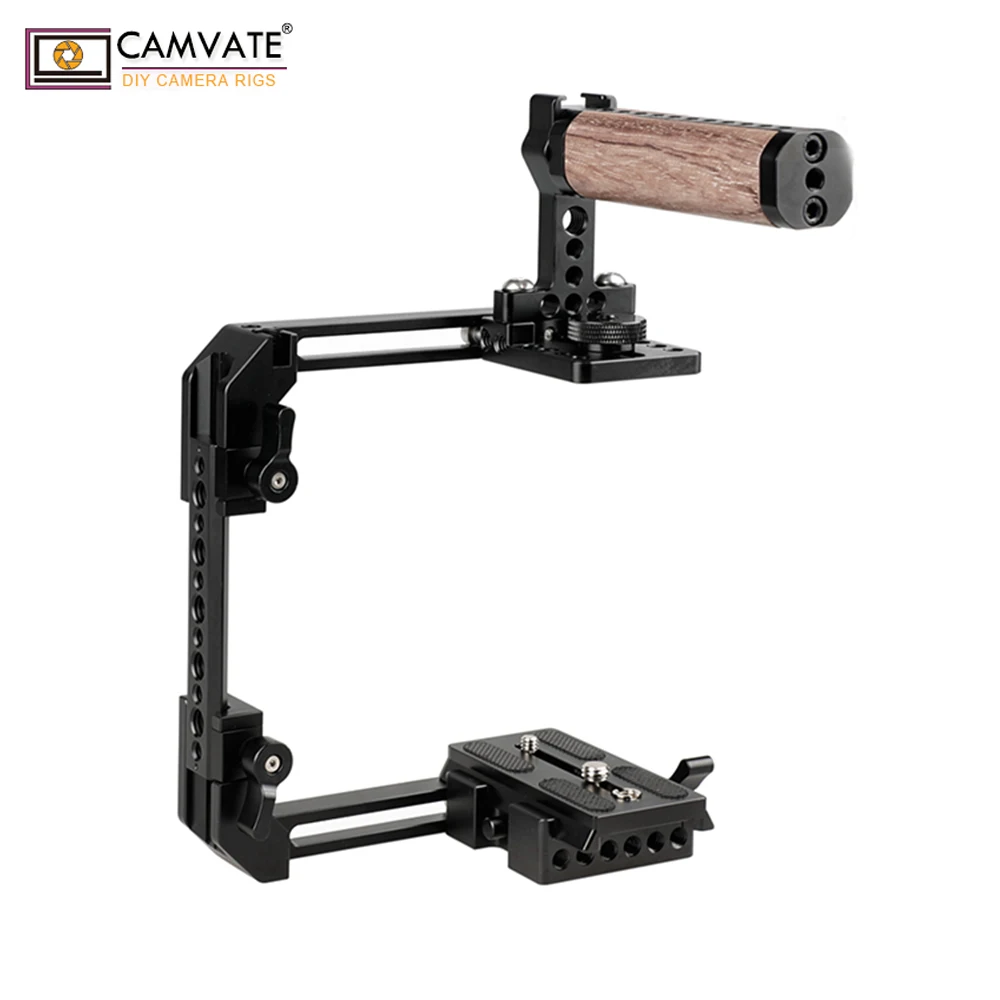 CAMVATE Universal Camera Cage Rig With Manfrotto Quick Release Baseplate & Wooden Top Handle For Canon Sony Panasonic Nikon