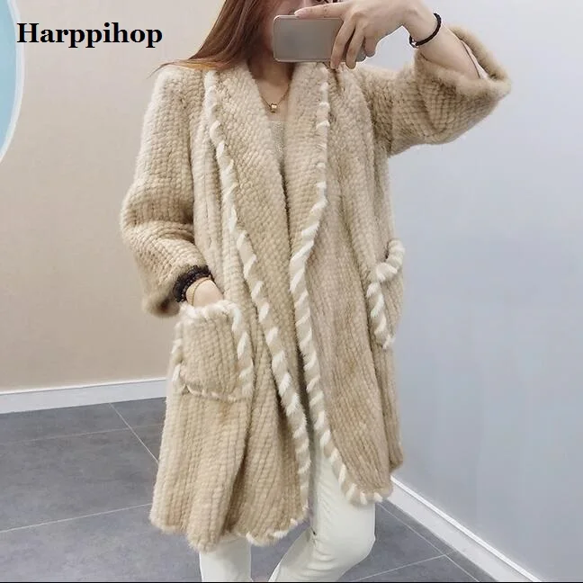 Winter Genuine Natural Knitted Mink Fur Coat Jacket Women Fur Trench Overcoat fur pajamas  coats free size large style