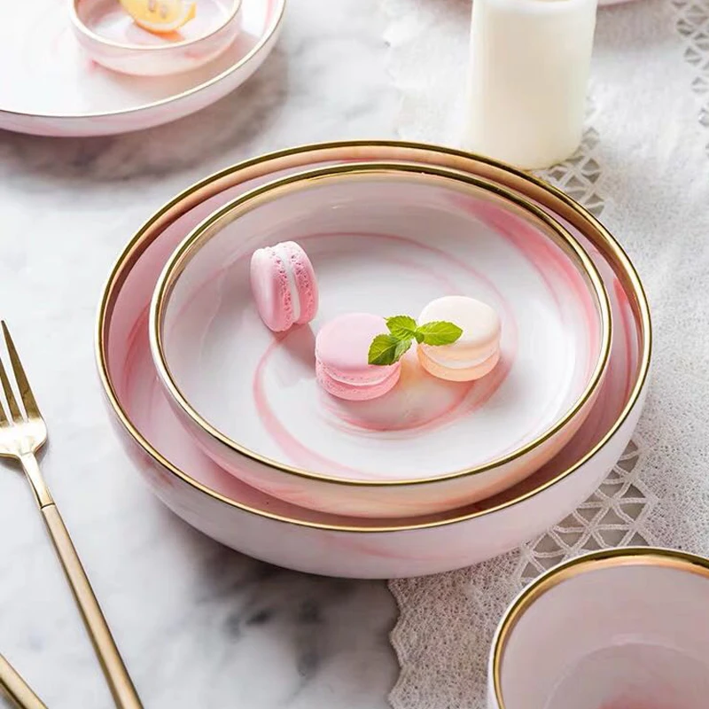 1pc Pink Marble Ceramic Dinner Dish Plate Rice Salad Noodles Bowl Soup Plates Dinnerware Sets Home Tableware Kitchen Cook Tool