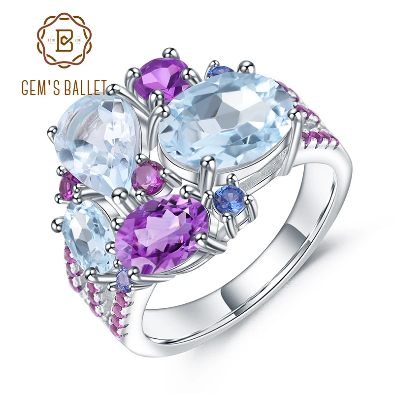 

GEM'S BALLET Natural Sky Blue Topaz Amethyst Rings Fine Jewelry 925 Sterling Silver Gemstone Candy Ring for Women Bijoux