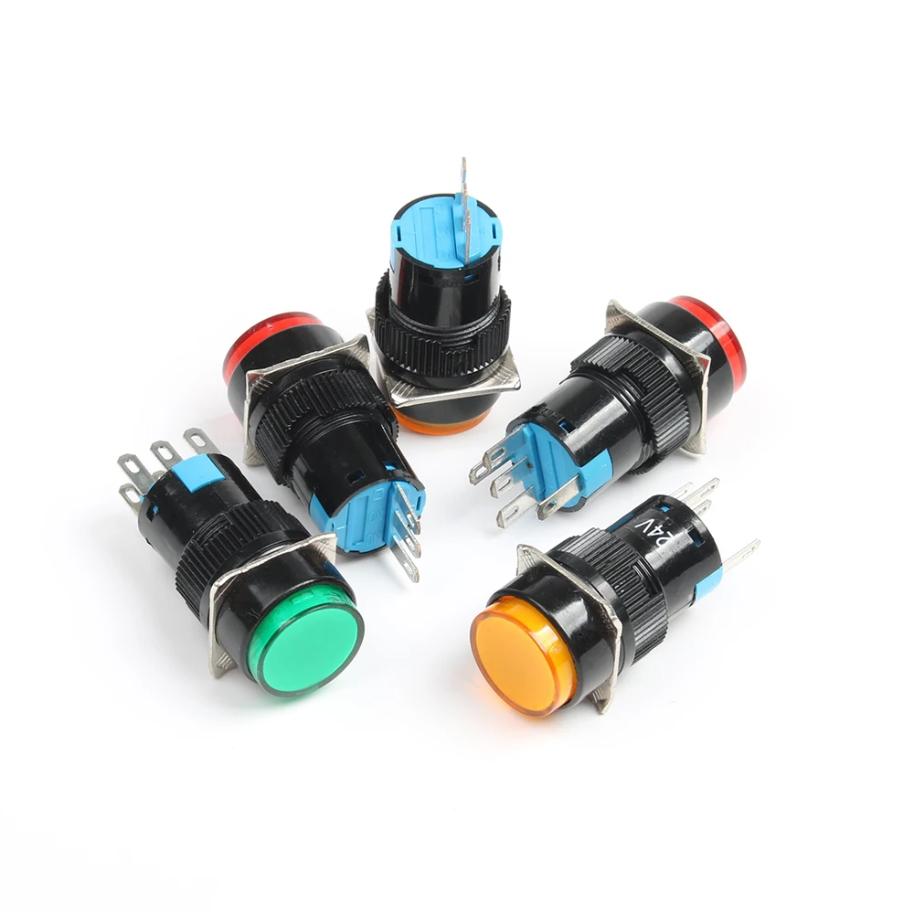 10pcs 16mm 1NO1NC 2NO2NC Latching/Momentary plastic push button switch Round pilot lamp Indicator light with LED No LED for car